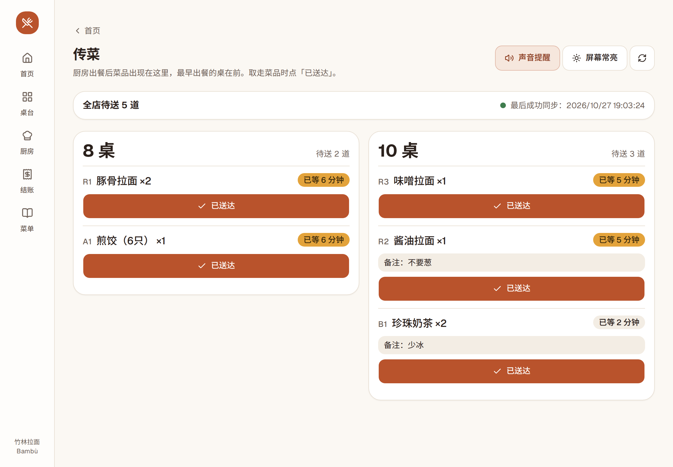 平板上的传菜屏:按桌分组列出做好待送的菜,带“不要葱”“少冰”等备注和“已送达”按钮